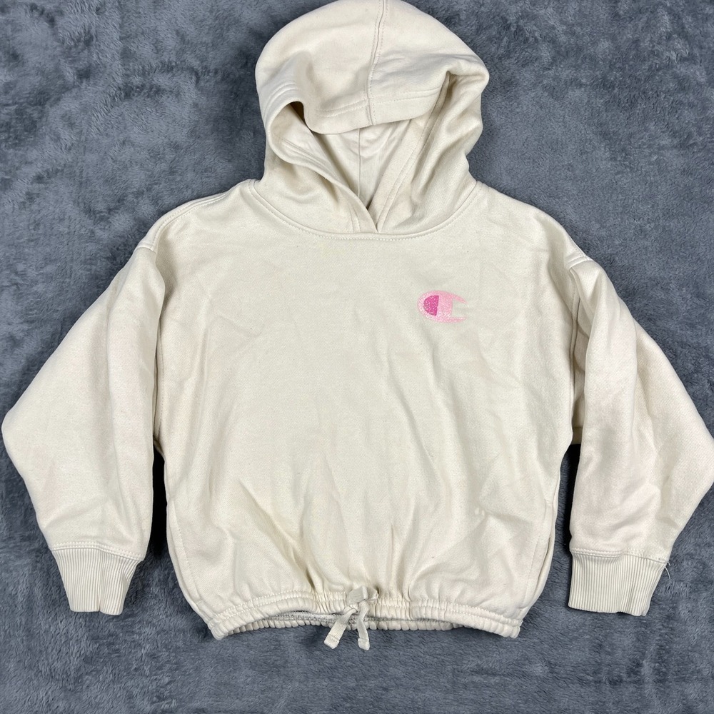 Champion Hoodie Girls 5 Beige Fleece Lined Glitter Graphic Print Logo Winter